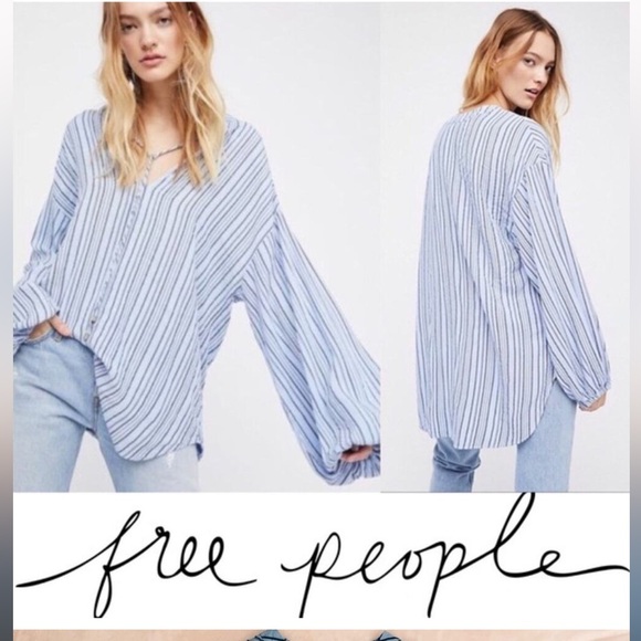 Free People Rhythm of the Night Blue and Black Striped Oversized Tunic Top - Picture 2 of 7